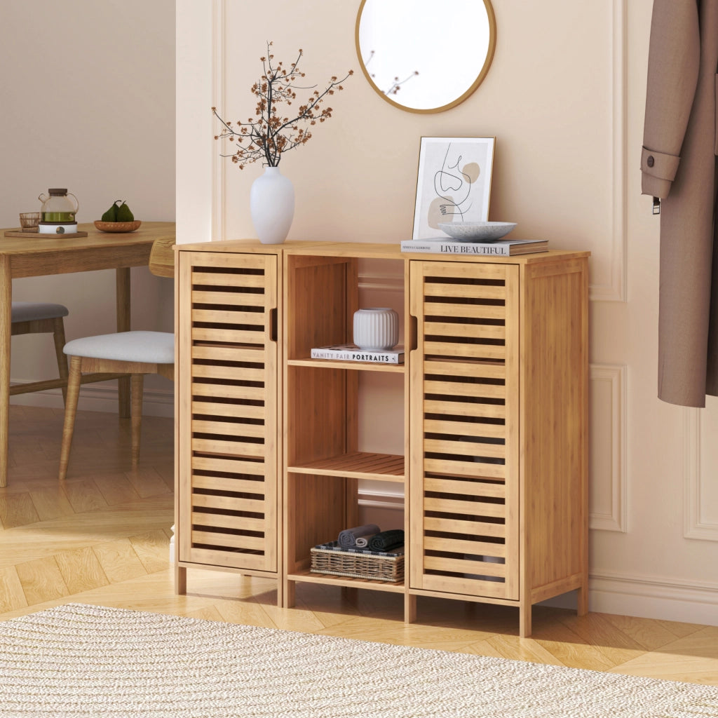 Mobile Contenitore Hakseri a 2 Elementi con Ante e Vani Aperti 87 x 99 x 33 cm in Bambù Naturale [en.casa]