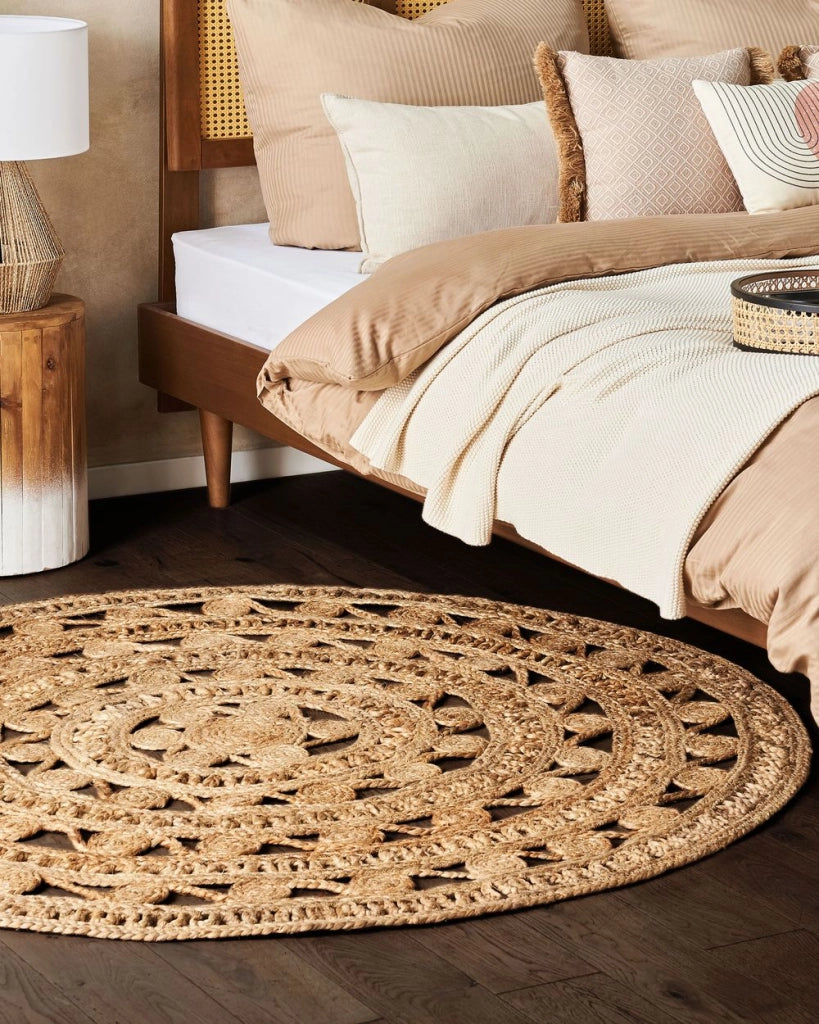 Tappeto Beige Rotondo 140 cm Boho Rustico Spirale Intrecciata Intrecciato Fatto a Mano in Juta Naturale Camera da Letto Soggiorno