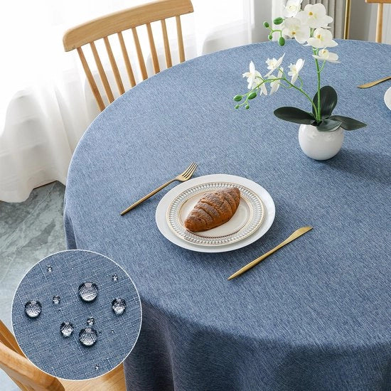 Tavolo da Cucina in Lino Blu Rond con Diametro 100cm, Tavolo Coperto in Lino Blu con Effetto Lotus, Impermeabile e Resistente ai Graffi, Ideale per Salotto, Cucina, Terrazza e Giardino