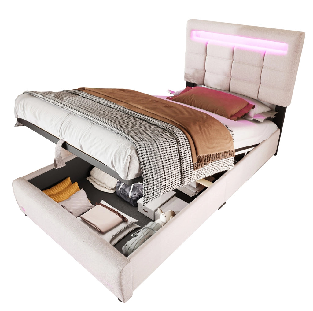 Letto imbottito 90x200 cm con LED APP, USB e contenitore idraulico