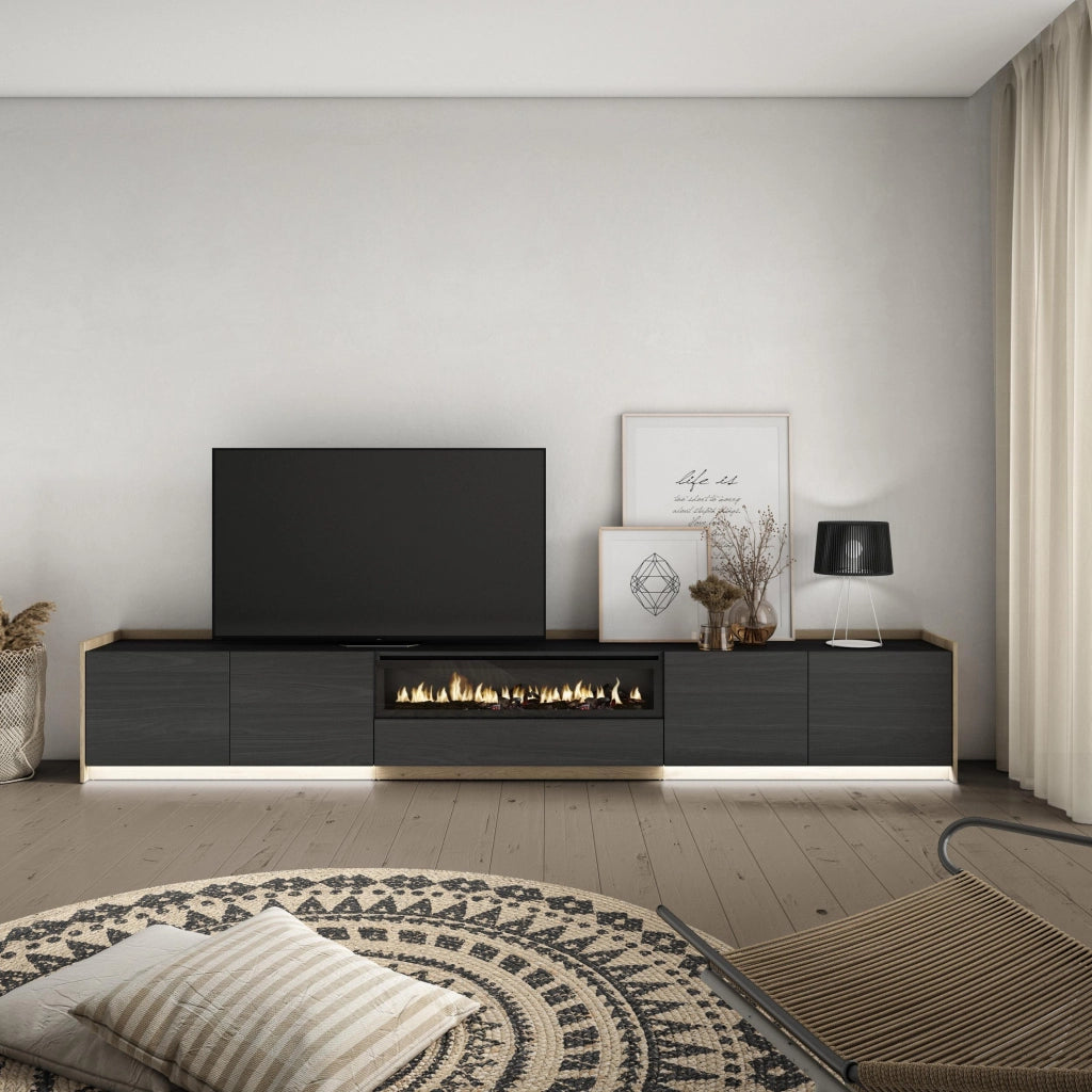 Mobile TV Soggiorno, 310x50x37 cm, Per TV fino a 80", Camino elettrico, LED, Nero e rovere