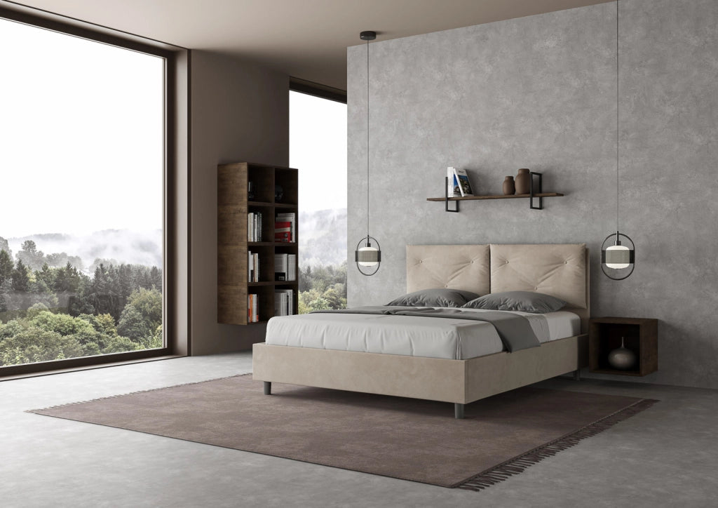 Letto Matrimoniale 160x200 cm con Rete e Contenitore Giroletto con Alzata Comoda Imbottito in Microfibra Appia Sabbia