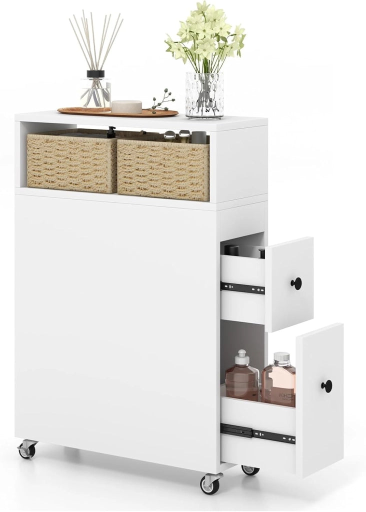 Carrello Stretto Sottile Salvaspazio Cucina Bagno da 19 cm, con 2 Cassetti e 2 Cestini di Vimini, Carrello Arrotolabile, Slim, 19 x 50 x 72 cm, Bianco/Nero (Nero)