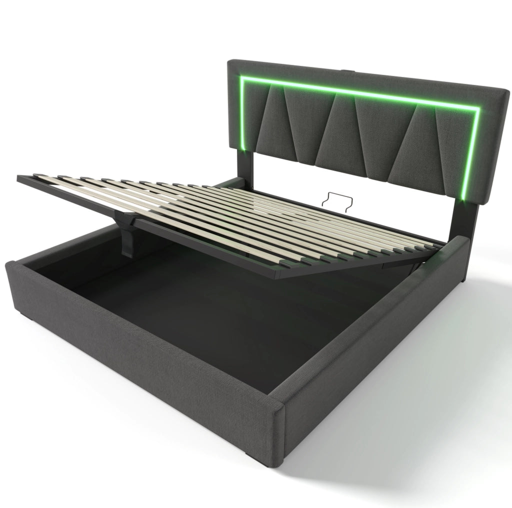 Letto matrimoniale 140x200 cm con contenitore; testiera regolabile; LED e USB Type C; lino grigio