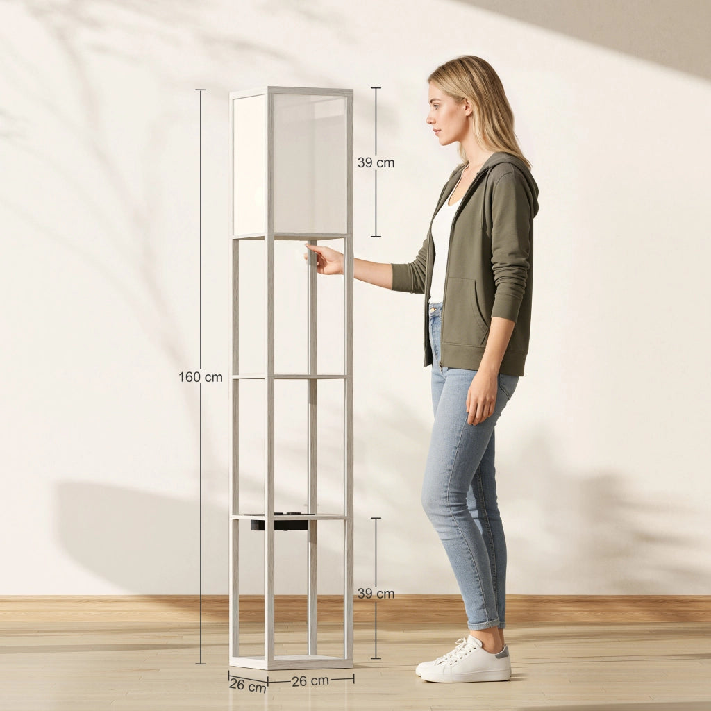 Lampada da Terra con Ripiani, Luce Regolabile, Interruttore a Pedale e Porte USB, Bianco e Rovere