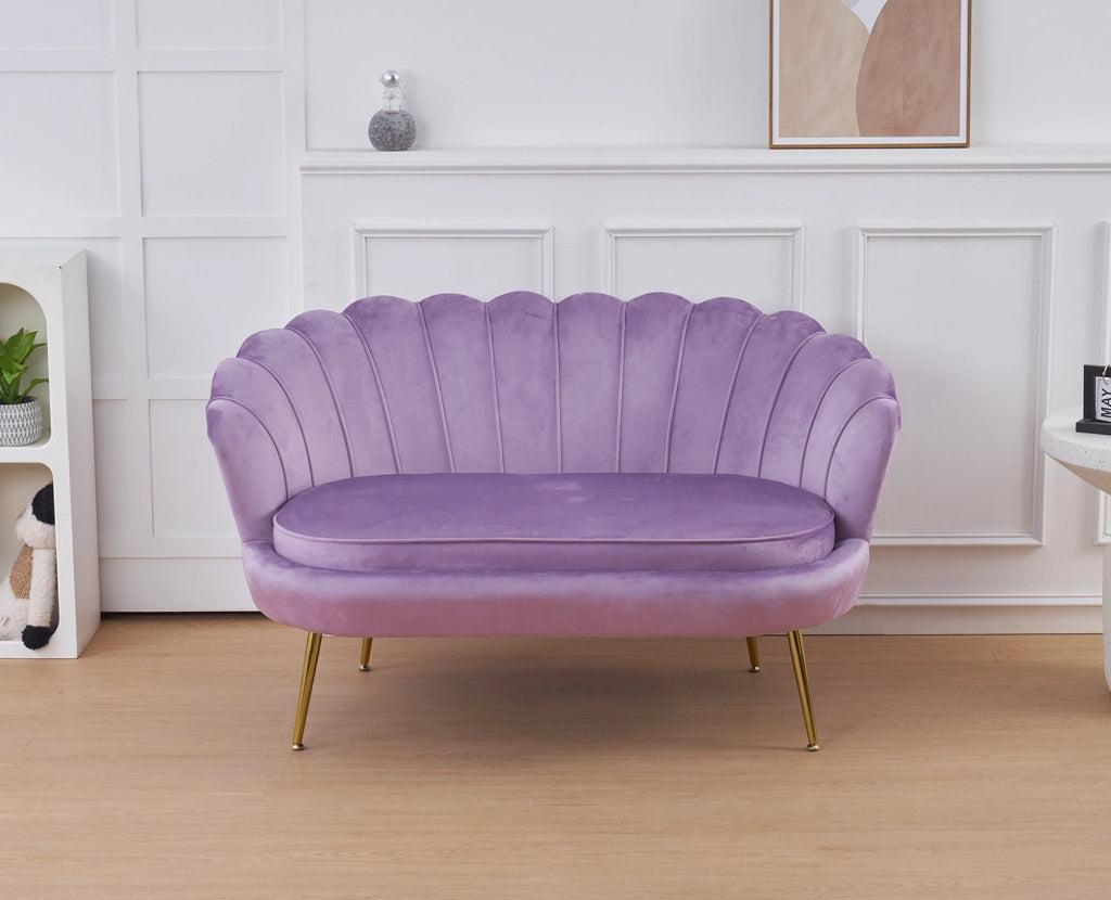 Divano Due 2 Posti In Velluto Forma Conchiglia Gambe In Metallo 133x63x75 Cm Camera Soggiorno Ufficio  Violetto