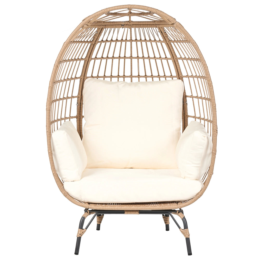 Poltrona da Giardino Boho in Rattan Naturale con Cuscini a Forma di Uovo Beige