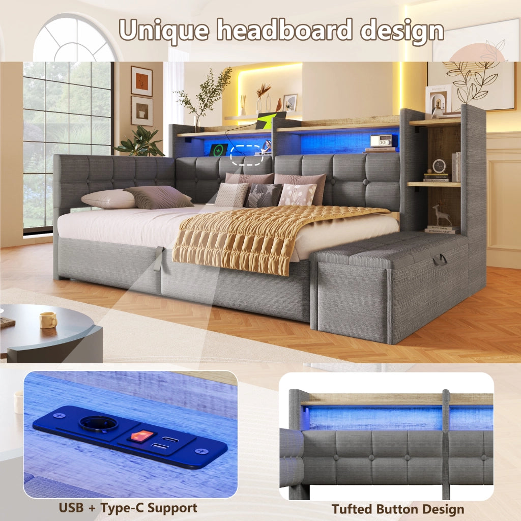 Daybed in velluto 90x200 cm con accumulo idraulico LED e USB-C - Grigio scuro