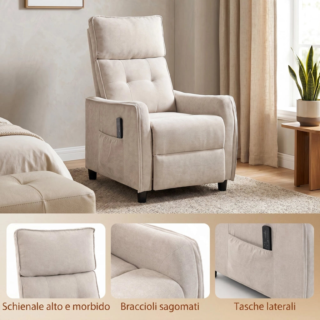 Poltrona Massaggiante 69x93x104 cm Reclinabile a 160° con Poggiapiedi e Telecomando Effetto Lino Bianco Crema