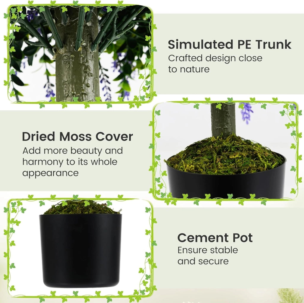 Set di 2 alberi artificiali a sfera di glicina, piante finte in vaso con glicinia vivida, tronco di legno e muschio realistico, piante ornamentali per ingresso, soggiorno, balcone