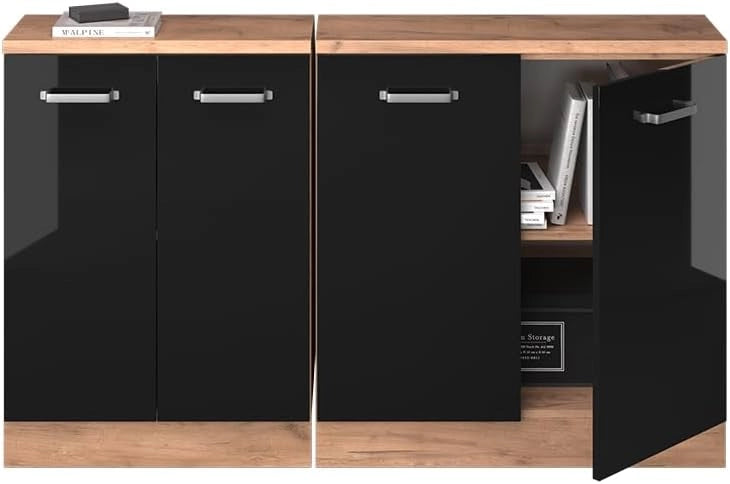 Set di mobili sottotetto Rion, Nero lucido, 140 cm Set di 2 carcasse armadio profondità 60 cm, adatto per il salvaspazio sotto tetti spioventi