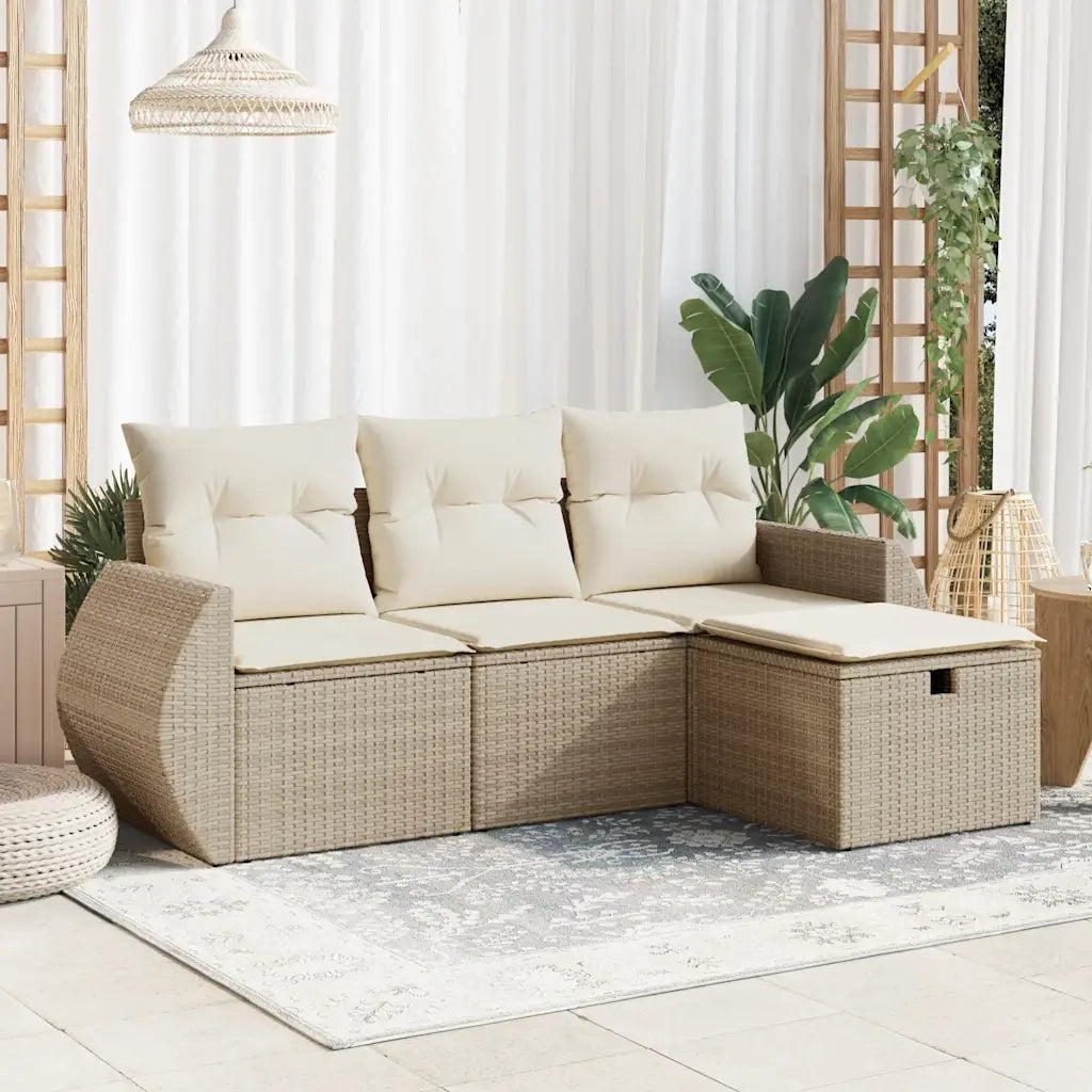 Set Divano da Giardino 4 pz | Set Salotto da Giardino con Cuscini Beige in Polyrattan