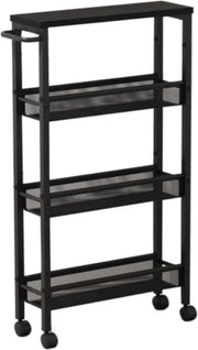 Trolley per cucina, 4 livelli, pannelli di legno sottile su ruote, maniglia in acciaio per spazi ristretti, 13 x 45,4 x 77 cm, cucina, bagno, soggiorno, studio, ebbano, nero, nero