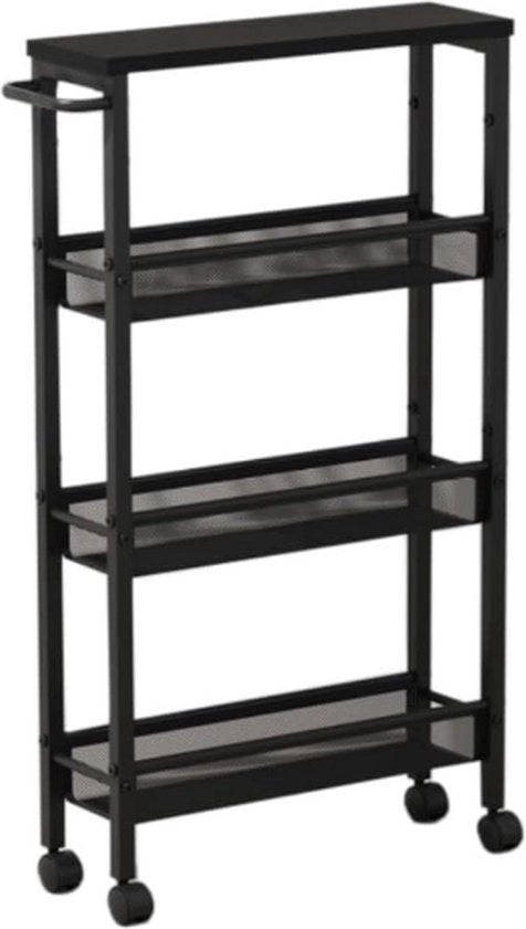 Trolley per cucina, 4 livelli, pannelli di legno sottile su ruote, maniglia in acciaio per spazi ristretti, 13 x 45,4 x 77 cm, cucina, bagno, soggiorno, studio, ebbano, nero, nero