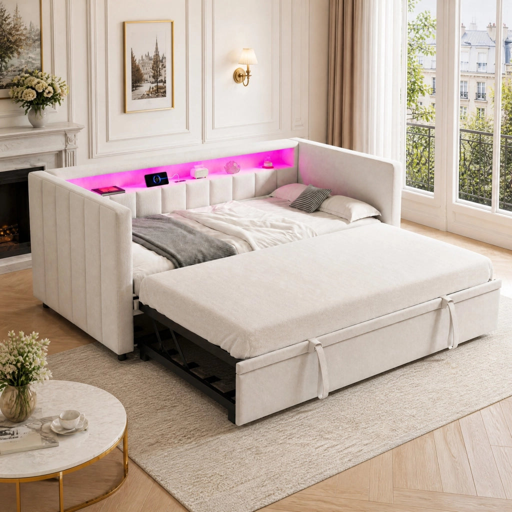 LETTO Estraibile 90x190 cm in velluto Beige con LED e USB-Type-C