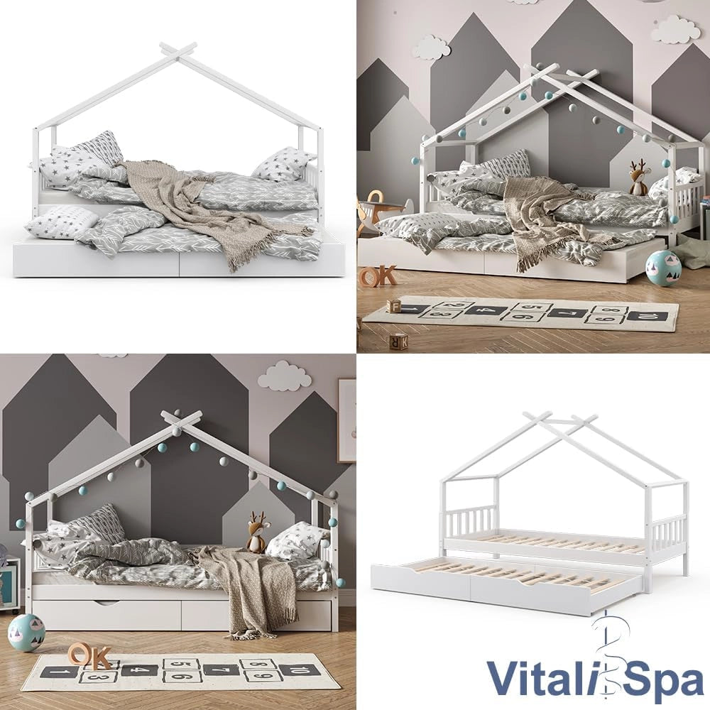 Letto da casa Design, Bianco, 90x200 cm con letto per ospiti e materasso, con sponda anticaduta e rete a doghe per un sonno sicuro