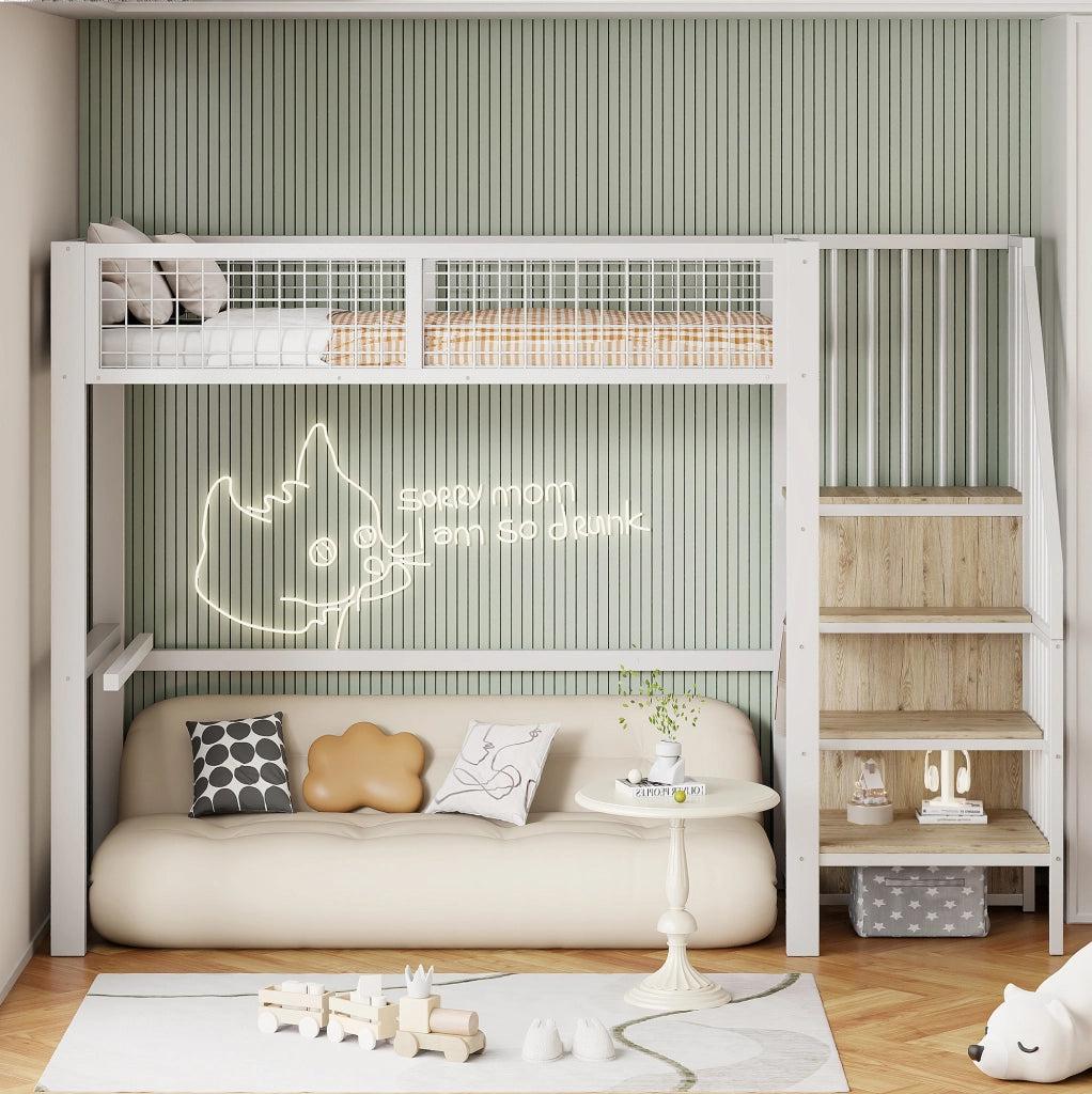 Letto a soppalco per bambini 90x200 cm bianco con armadio