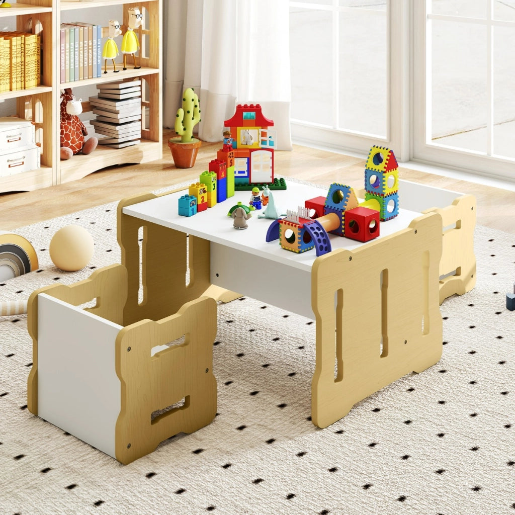 Set 3 pezzi per bambini con 2 sgabelli e tavolo attivit¨¤, Set tavolo e sedia per bambini per casa e asilo Legno naturale