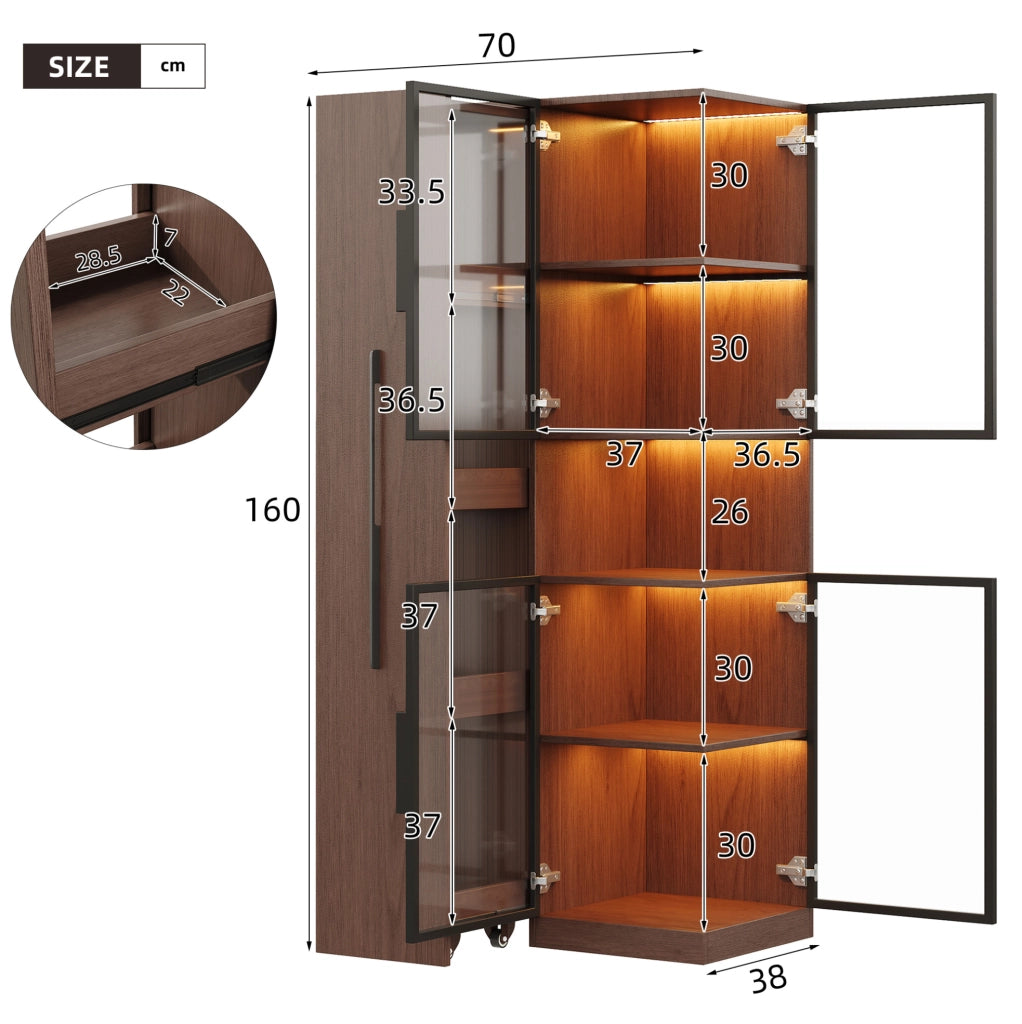 Vetrina ULEVR 70x38x160 cm con vetro temperato frontale e laterale, ripiani estraibili e LED multicolore, noce
