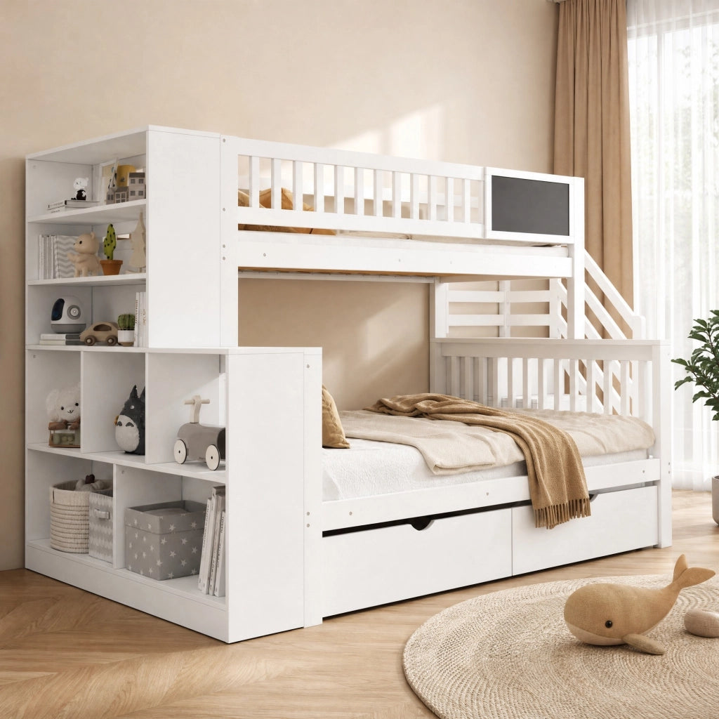 Letto a castello a casetta con lavagna e vani contenitore; 140x200 cm; bianco