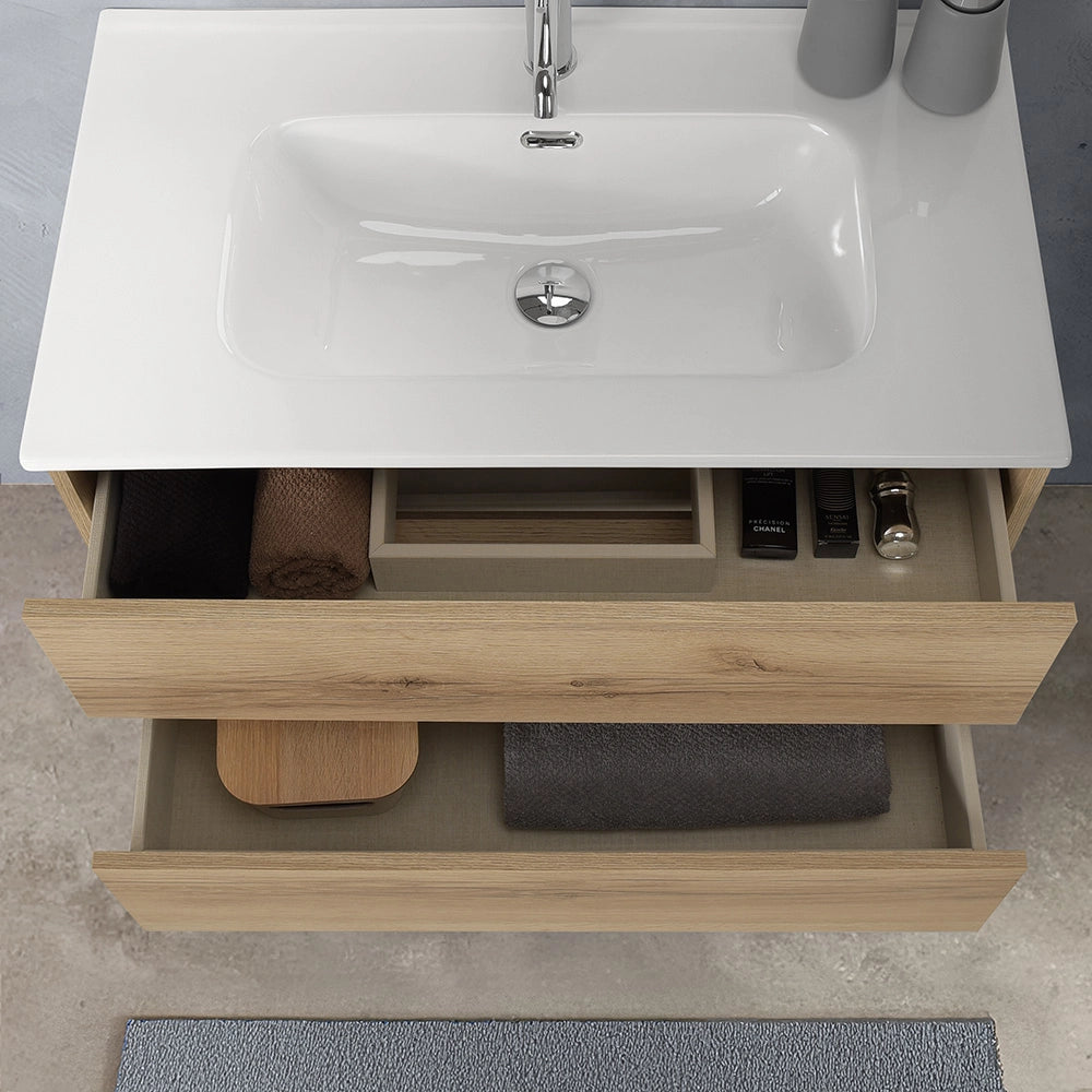 Mobile bagno sospeso 100 cm in legno color quercia naturale 2 cassettoni con lavabo e specchio  Leda