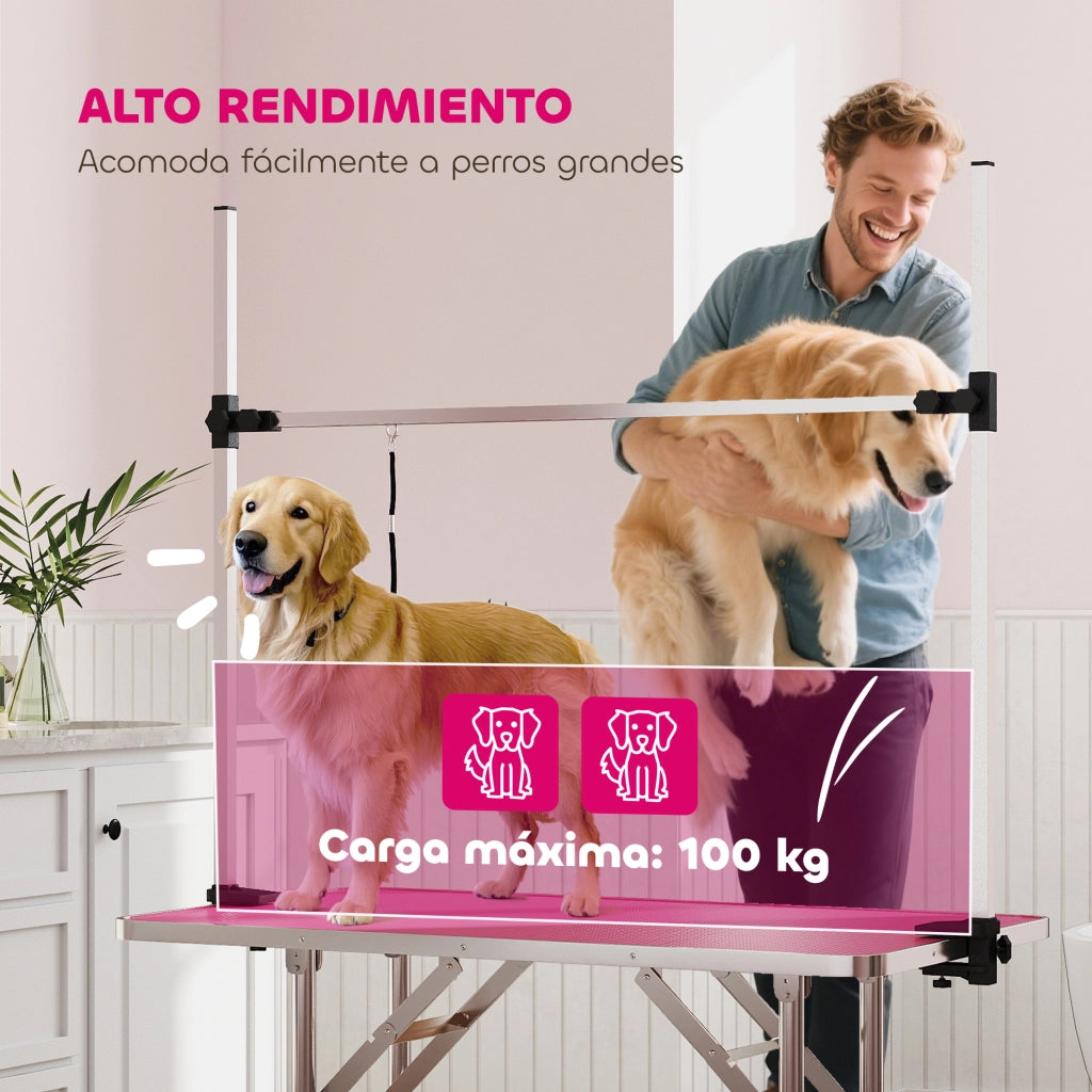 Tavolo da Toelettatura Cani Pieghevole ¨C Xylo ¨C con Cestino Metallico e Braccio Regolabile 107x60x164 cm Rosa