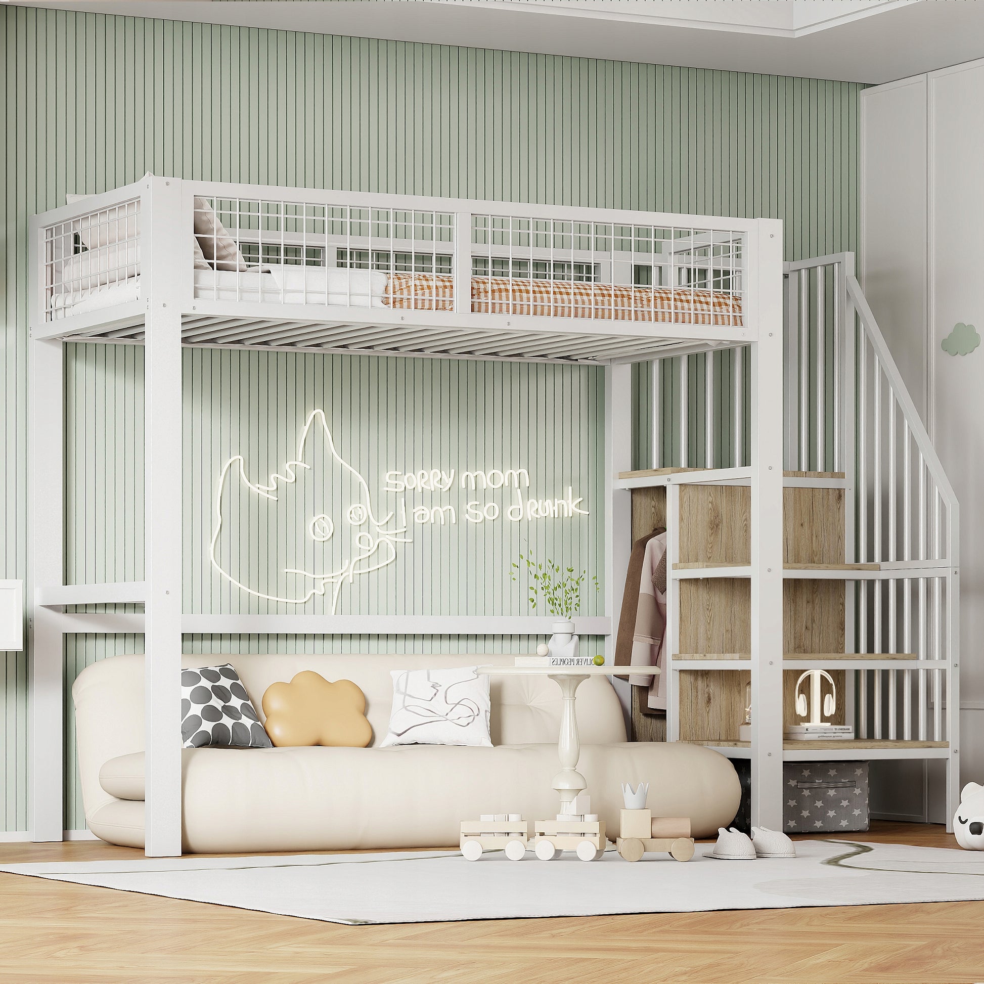 Letto a castello 90x200 - Xylo - Bianco con scala e armadio