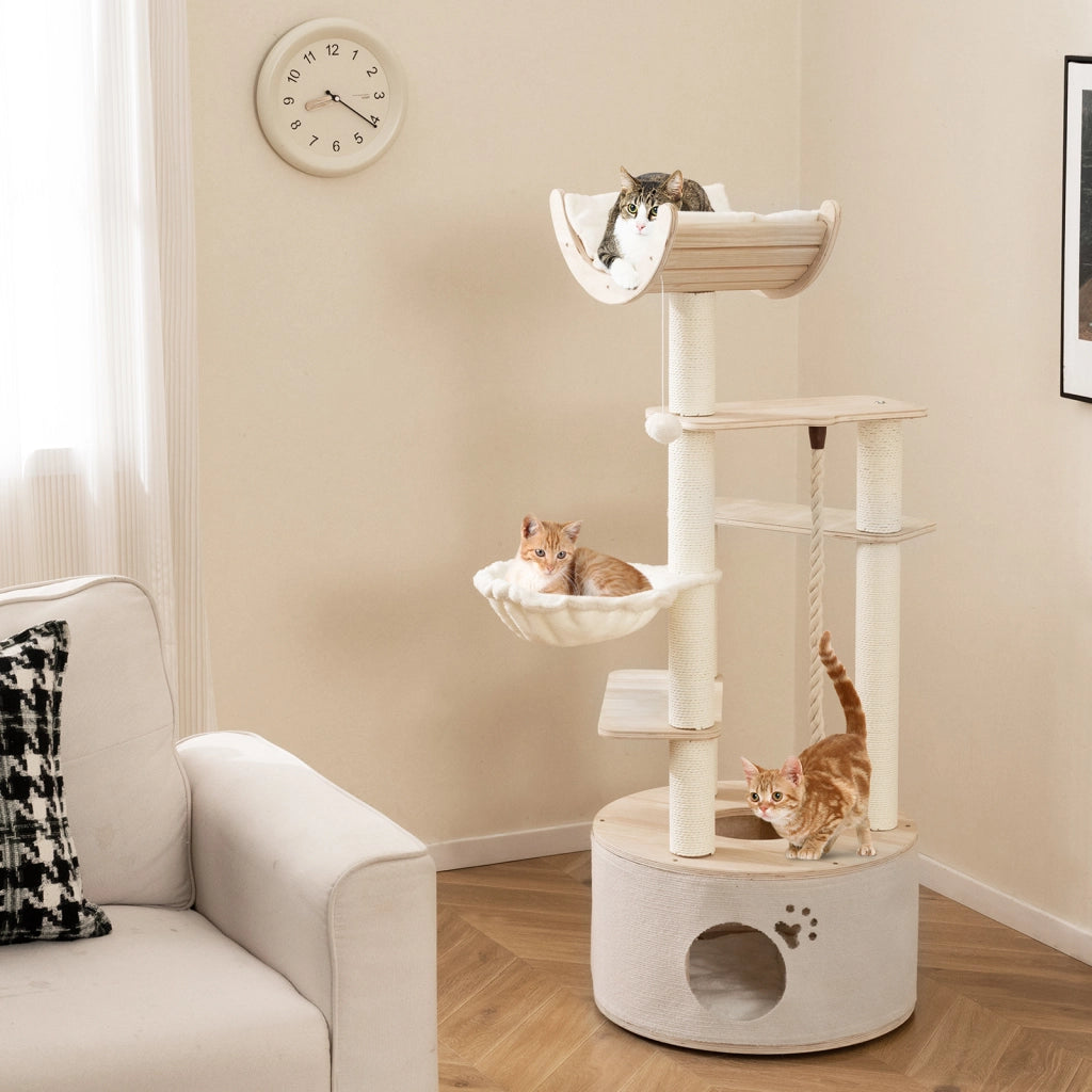 Albero per gatti in legno alto 141 cm torretta multi-livello in plywood con condo amaca tiragraffi-Albero per gatti con cuscini in pile lavabili