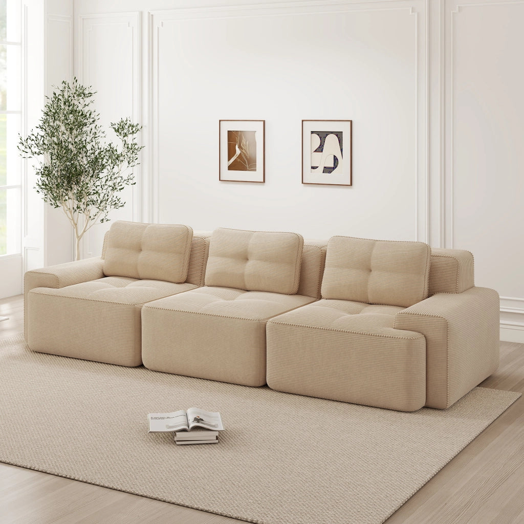 Divano modulare 3 posti; seduta profonda 74 cm; base antiscivolo; in velluto a coste beige