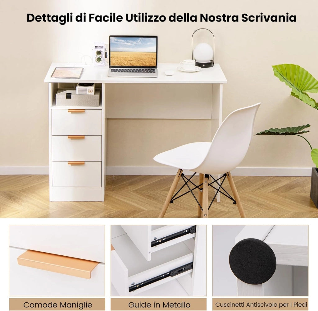 Scrivania con 3 Cassetti, Scrivania Bianco con Stazione di Ricarica e Mensola Aperta, Postazione da Lavoro PC per Camera da Letto, Studio e Ufficio, 108 x 48 x 76 cm