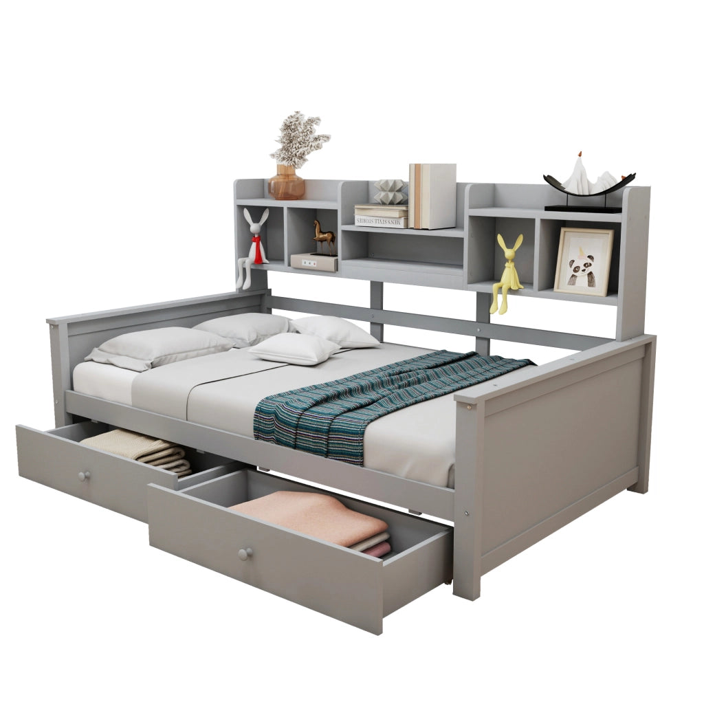 Divano letto singolo 90x200 cm in legno con 2 cassetti e vani laterali; grigio