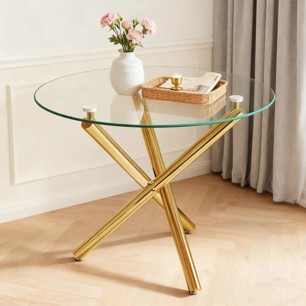 Tavolo da pranzo rotondo con piano in vetro temperato e gambe in metallo oro per 2-4 persone 80 × 80 × 76 cm