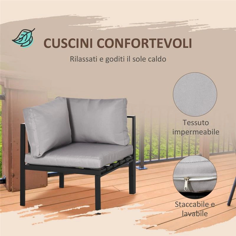 SET DA GIARDINO CON DIVANO, POLTRONA E TAVOLINO DA CAFFÈ IN VETRO GRIGIO
