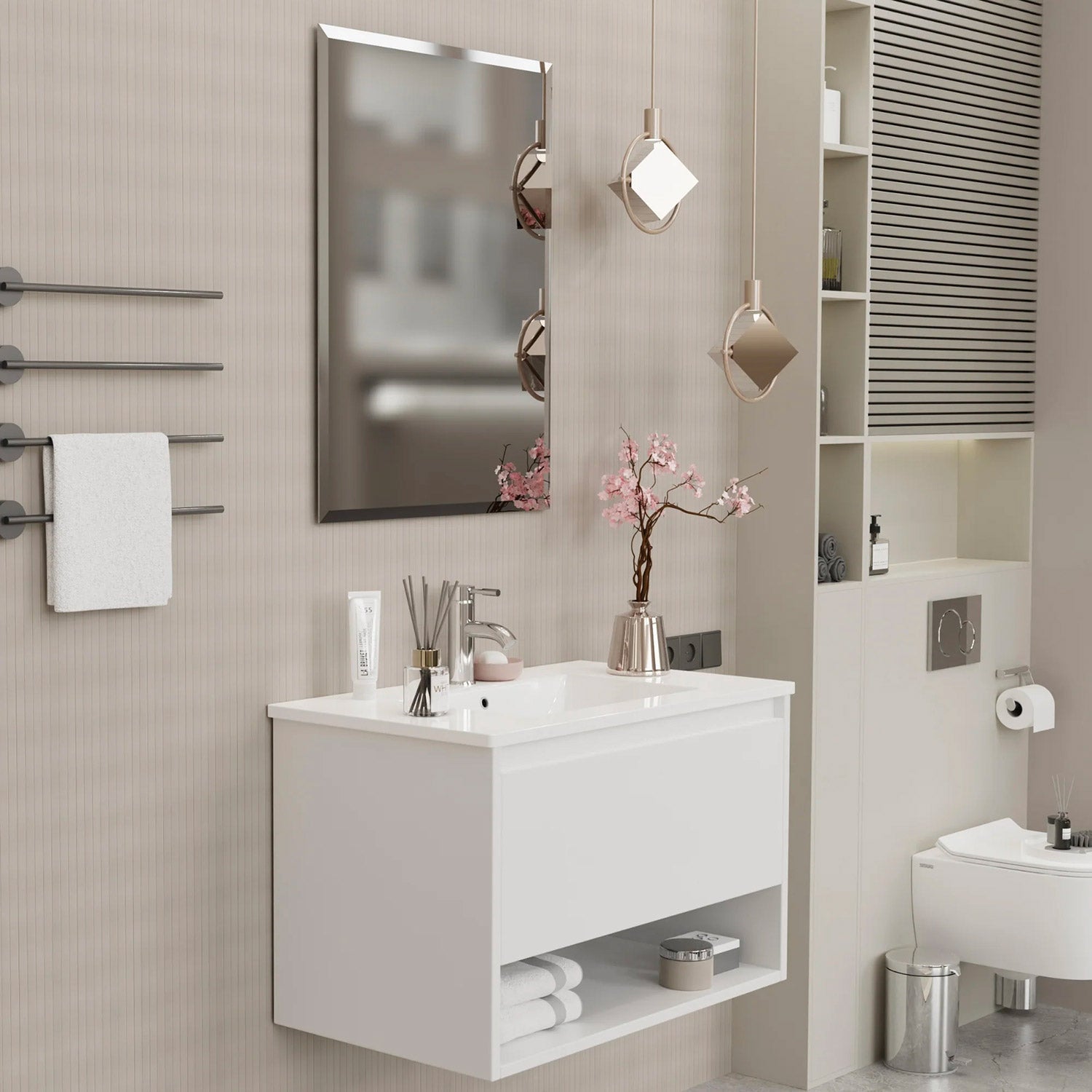Mobile Bagno Sospeso 80 cm Lavabo e Specchio Milano Bianco Lucido