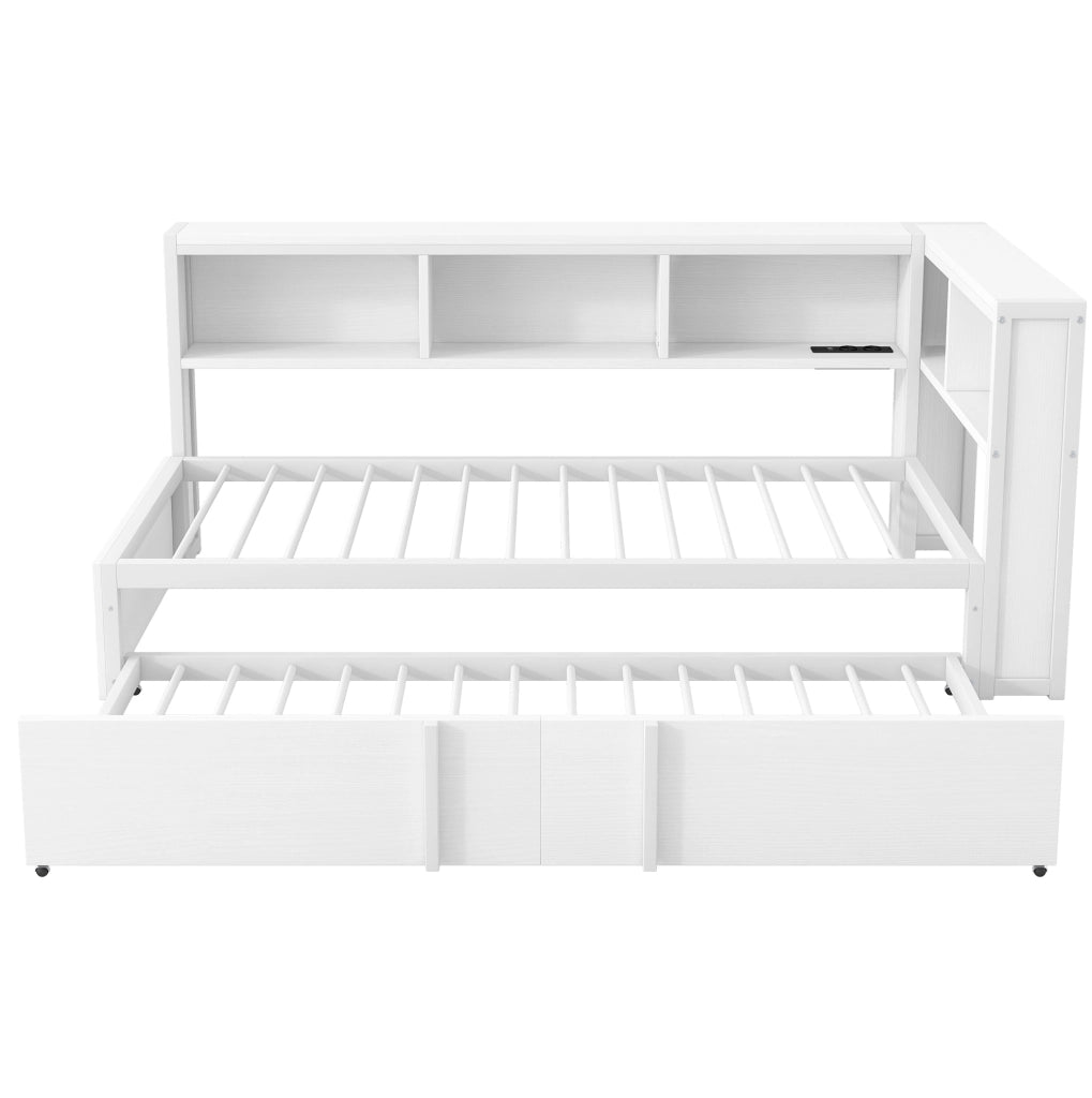 Letto 90x200 cm con letto estraibile; vani portaoggetti; LED e USB in metallo e MDF bianco