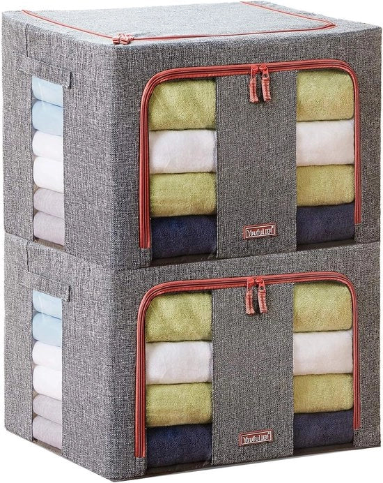 Set di 2 borse di stoccaggio pieghevoli, per il riposto di coperte, cuscini, abiti di stagione, impermeabili e resistenti all'acqua, con grande vetrino trasparente, alloggiamento interno in metallo