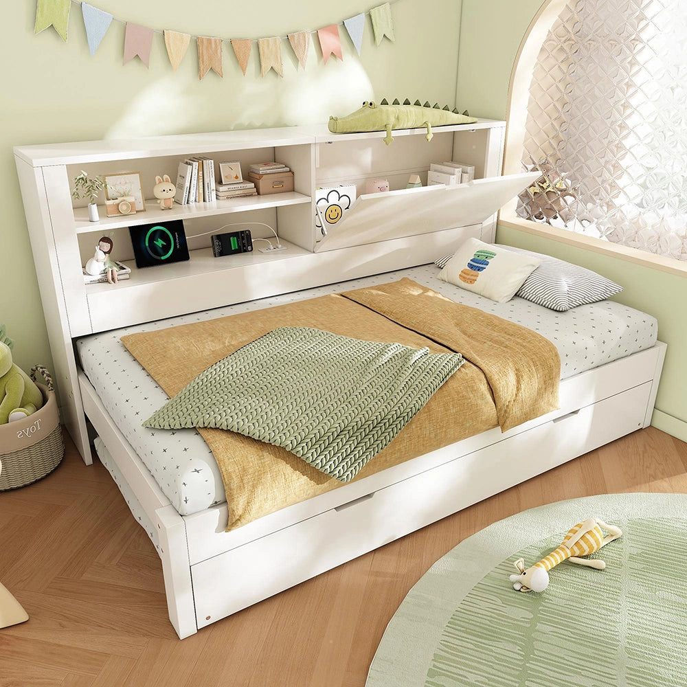 Letto singolo con divano letto - Xylo - 90¡Á200 cm - Bianco - Con ripostiglio, ricarica USB/USB-C, senza materasso