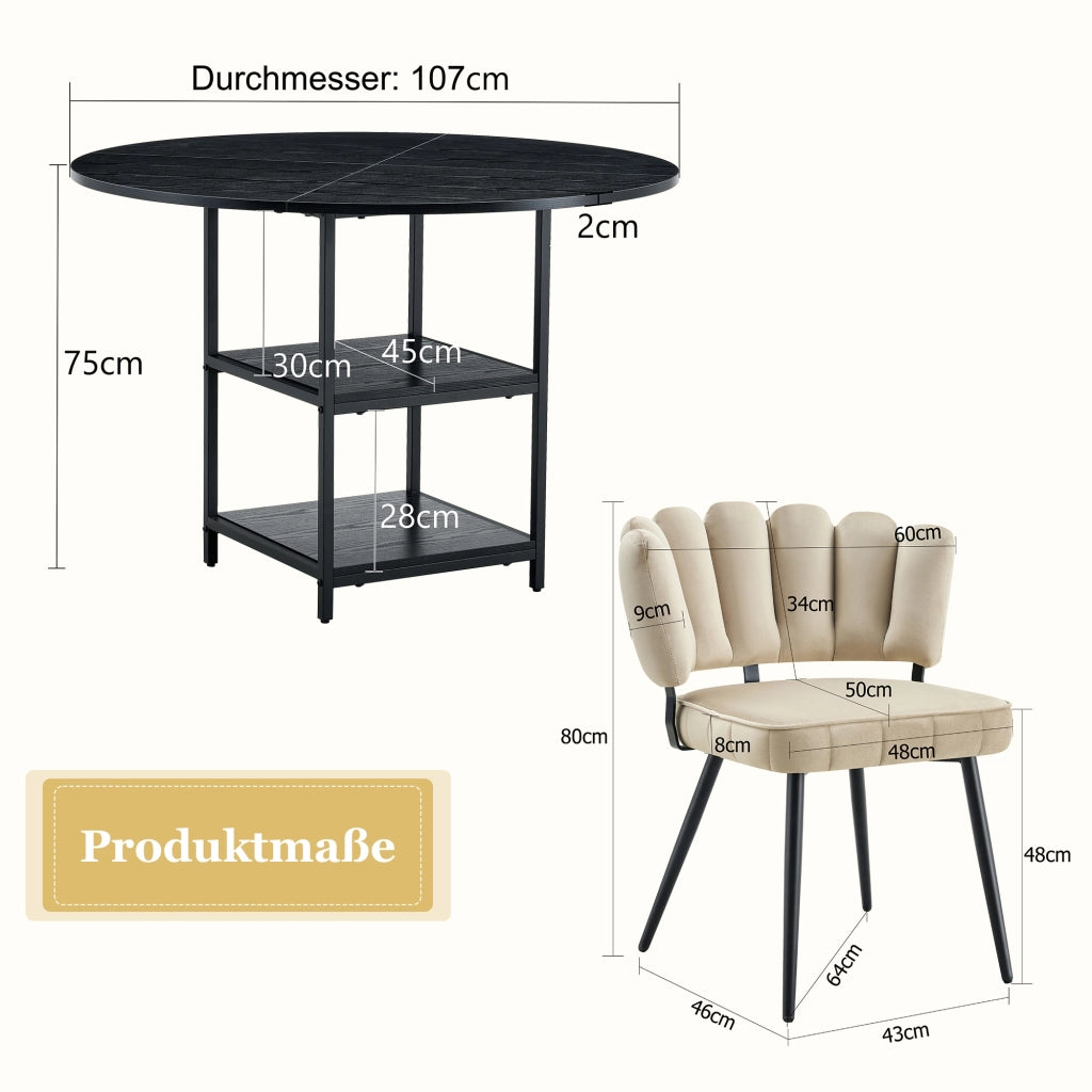Set tavolo da pranzo e sedie con 1 tavolo rotondo e 4 sedie con ripiani; in tessuto; MDF e metallo; nero e marrone chiaro