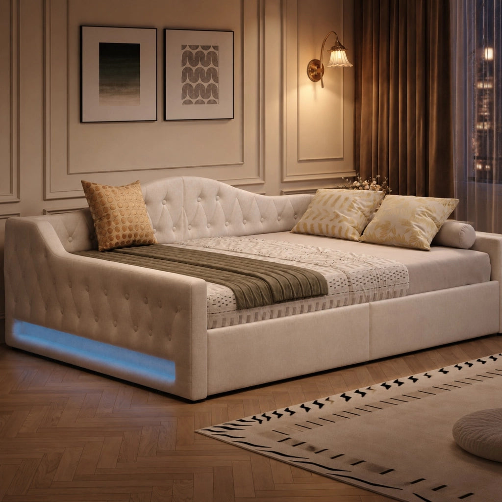Letto a scomparsa imbottito 140x200 cm con LED e contenitore; beige
