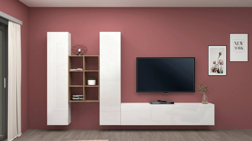 Mobile Soggiorno Acuto, Parete Attrezzata 15 Ripiani Made in Italy, 320x30x180h cm Bianco Lucido