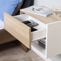 Set di 2 Comodini Sospesi a Parete con Cassetto e Mensola, Arredamento Moderno Camera da Letto, Bianco e Rovere