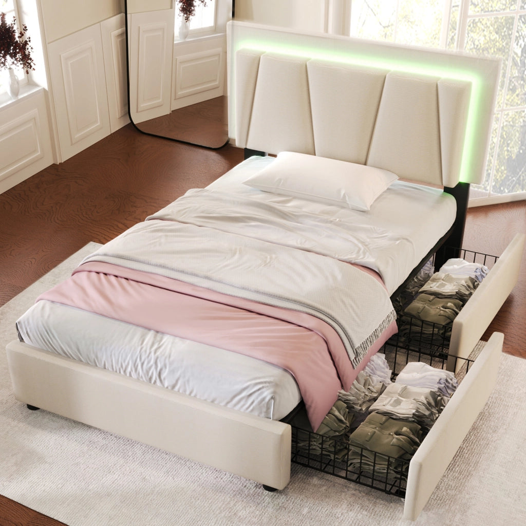 Letto singolo 90x200 cm con LED e 2 cassetti; testiera regolabile; beige