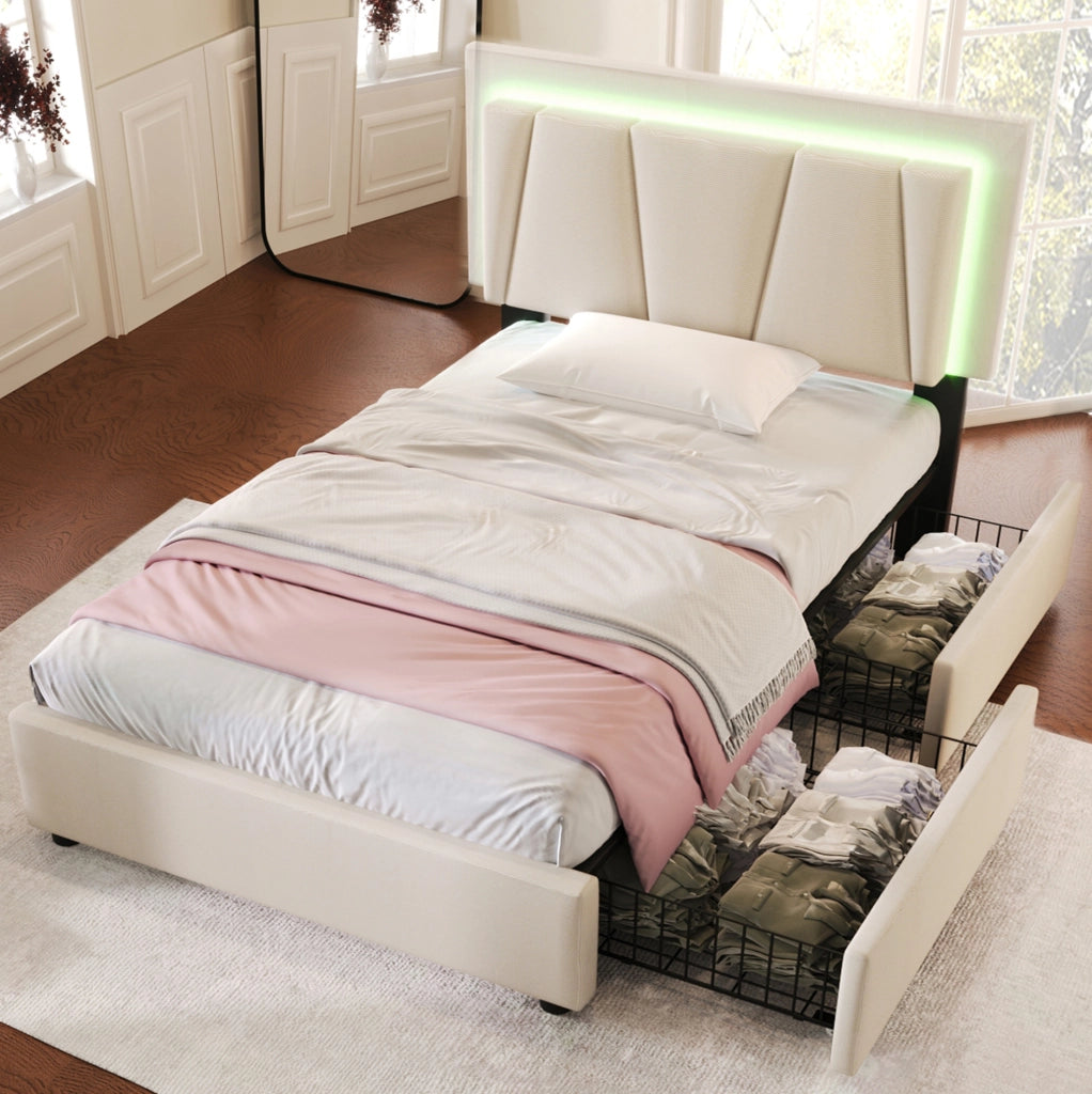 Letto singolo 90x200 cm con LED e 2 cassetti; testiera regolabile; beige