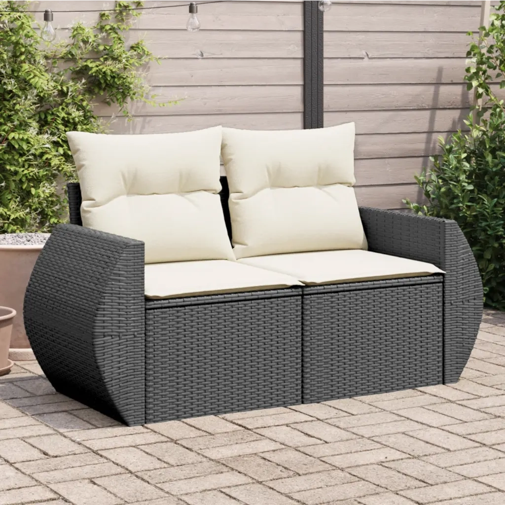 Divano da Giardino con Cuscini a 2 Posti-Sofa da Giardino-Divano da esterno Nero in Polyrattan 494479