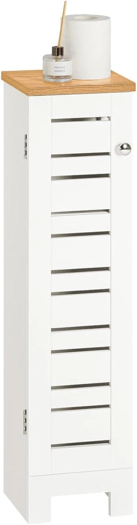 Armadio da Bagno Stretto – Mobiletto Salvaspazio in Legno – Porta Rotolo Freestanding per WC, Mobile da Bagno Resistente all'Umidità, Bianco-Naturale, 20x75x18 cm, BZR85-W