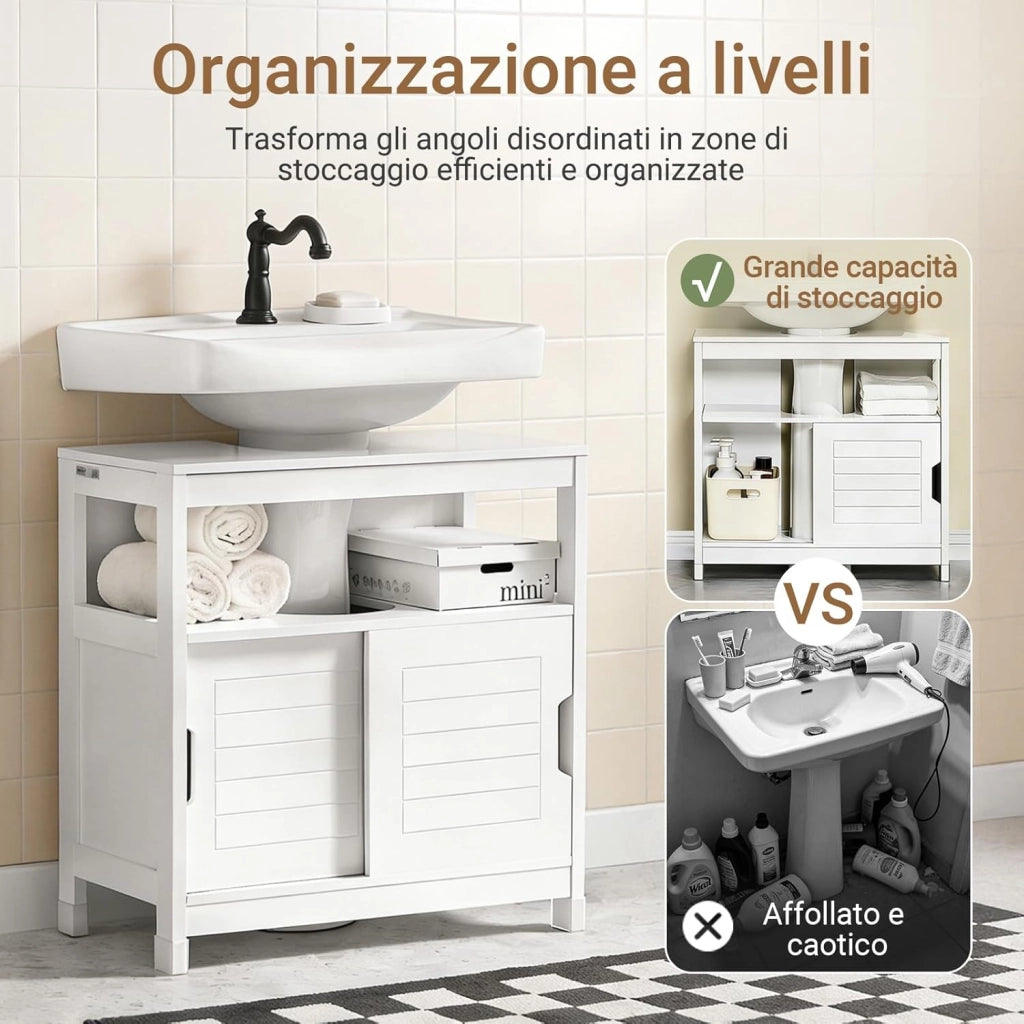 Mobiletto Bagno Salvaspazio - Armadio Salvaspazio 2 Ante Scorrevoli e Ripiano Aperto - Mobile Sottolavabo per Bagno Moderno Piccolo – Bianco, 60x30x60cm, FRG128-II-W