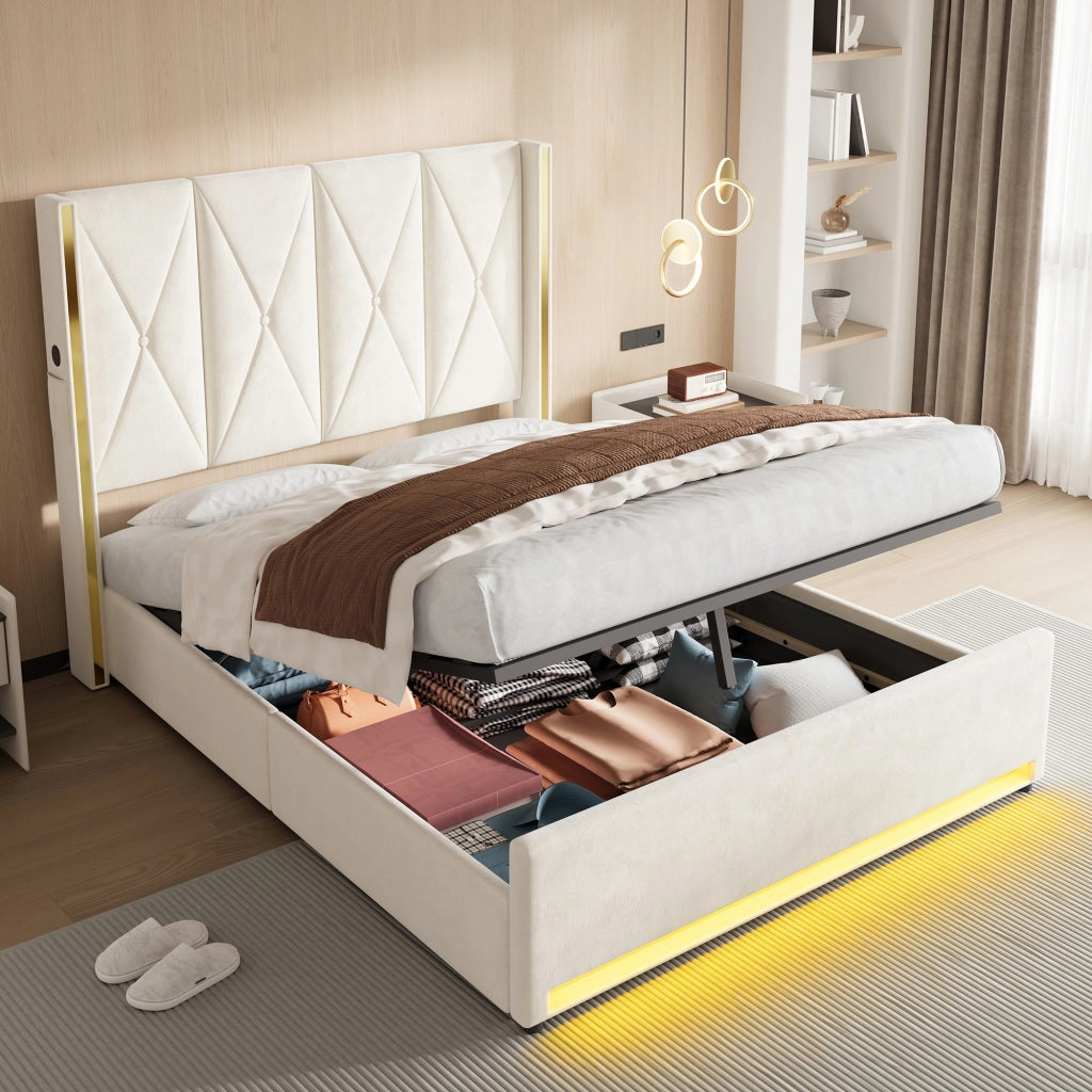 LETTO Contenitore 160x200 cm in Velluto Beige con USB, LED e tasche laterali