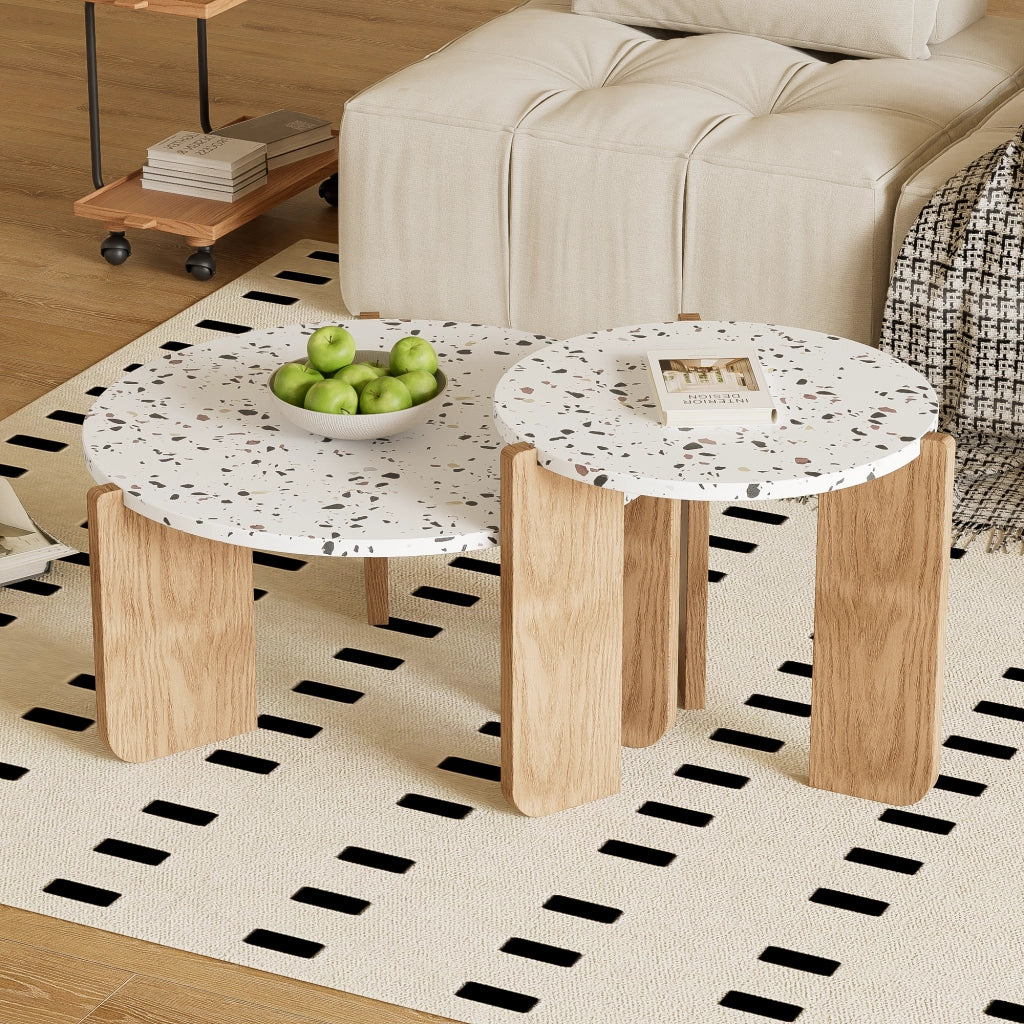 Tavolini da Caffè Impilabili 2 Pezzi con Piani Decorati; Stile Moderno; in MDF; Naturale; 70×70×35+50×50×45;5 cm