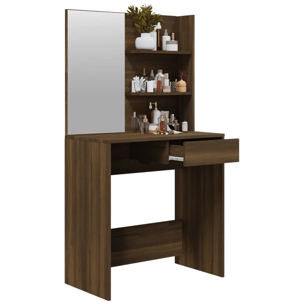 Toeletta con Specchio-Com¨°-Tavolo da trucco Rovere Marrone 74,5x40x141 cm