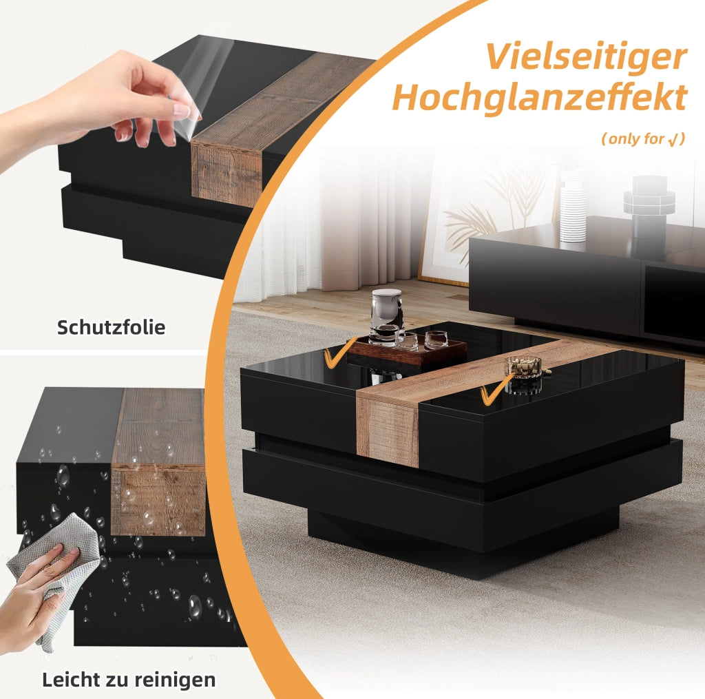 Tavolino da caffè quadrato 70 x 70 x 39 cm con piano estraibile e vano portaoggetti; nero in MDF
